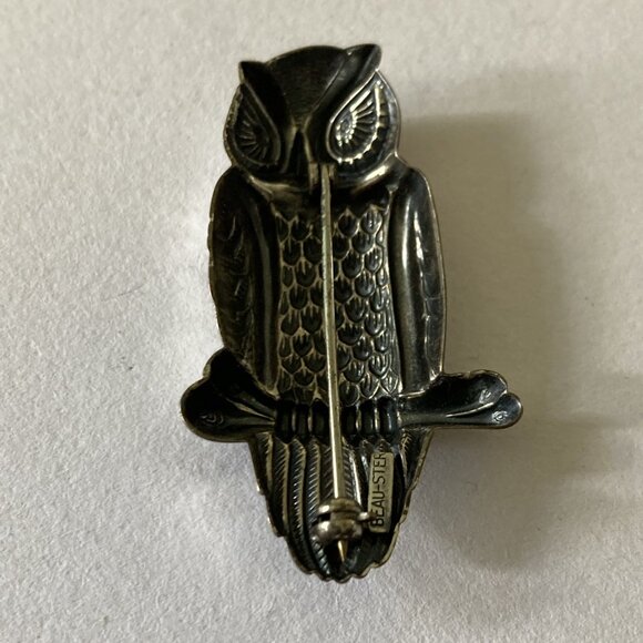 Vintage Owl Brooch 925 Cast Sterling Silver Patinated Bird Pin Signed Beau STER - Picture 5 of 10